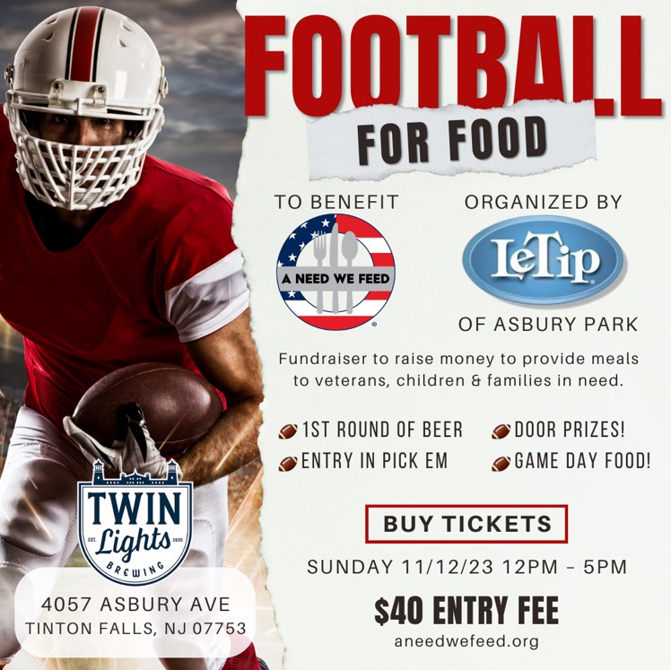 Football for Food Fundraising Event! Nov. 12 at 12pm at Twin Lights Brewing in Tinton Falls