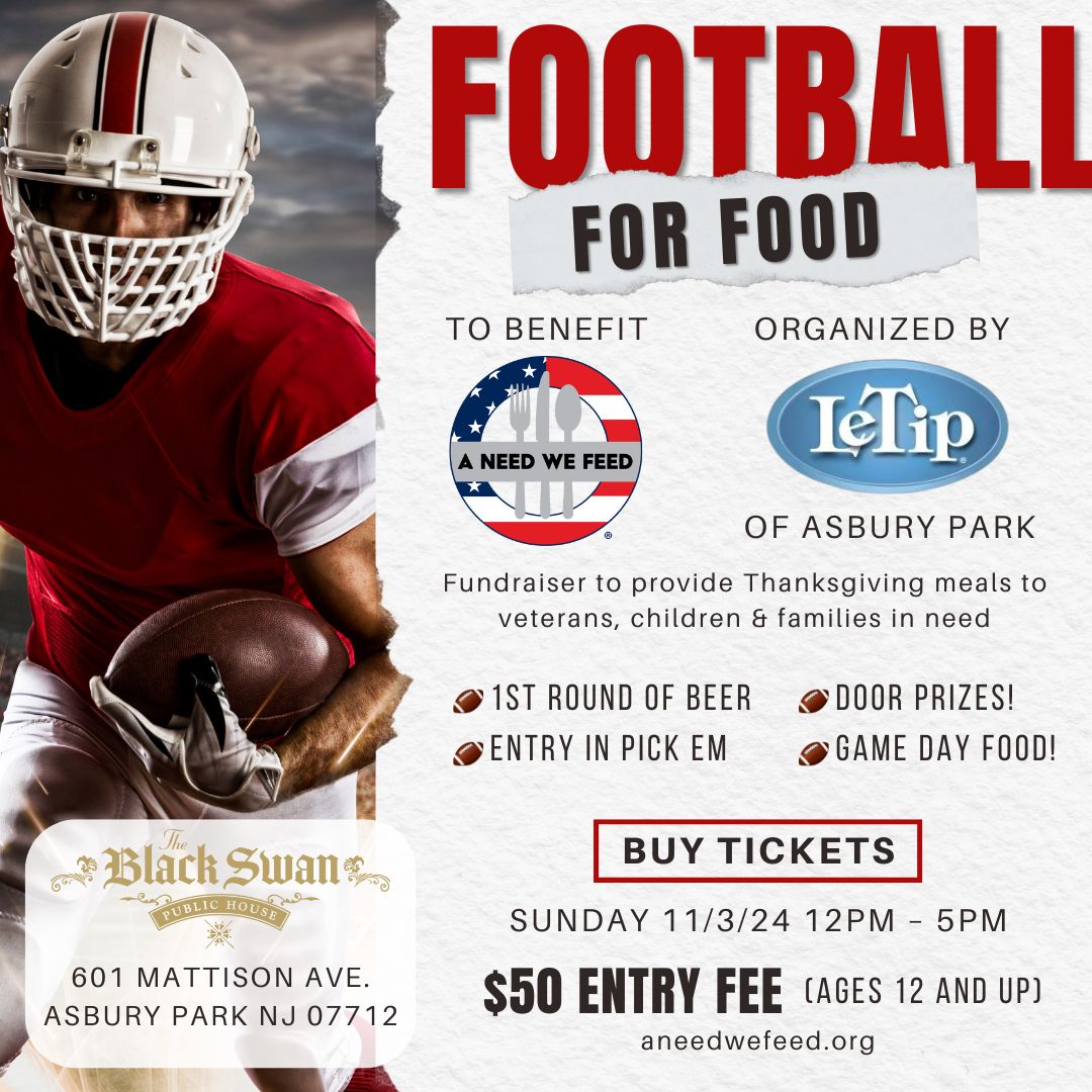 Football for Food Fundraising Event! Nov. 3 at 12pm at Black Swan Public House in Asbury Park